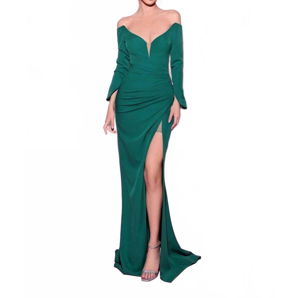 NEW TARIK EDIZ plunging v-neck off shoulder evening dress in emerald